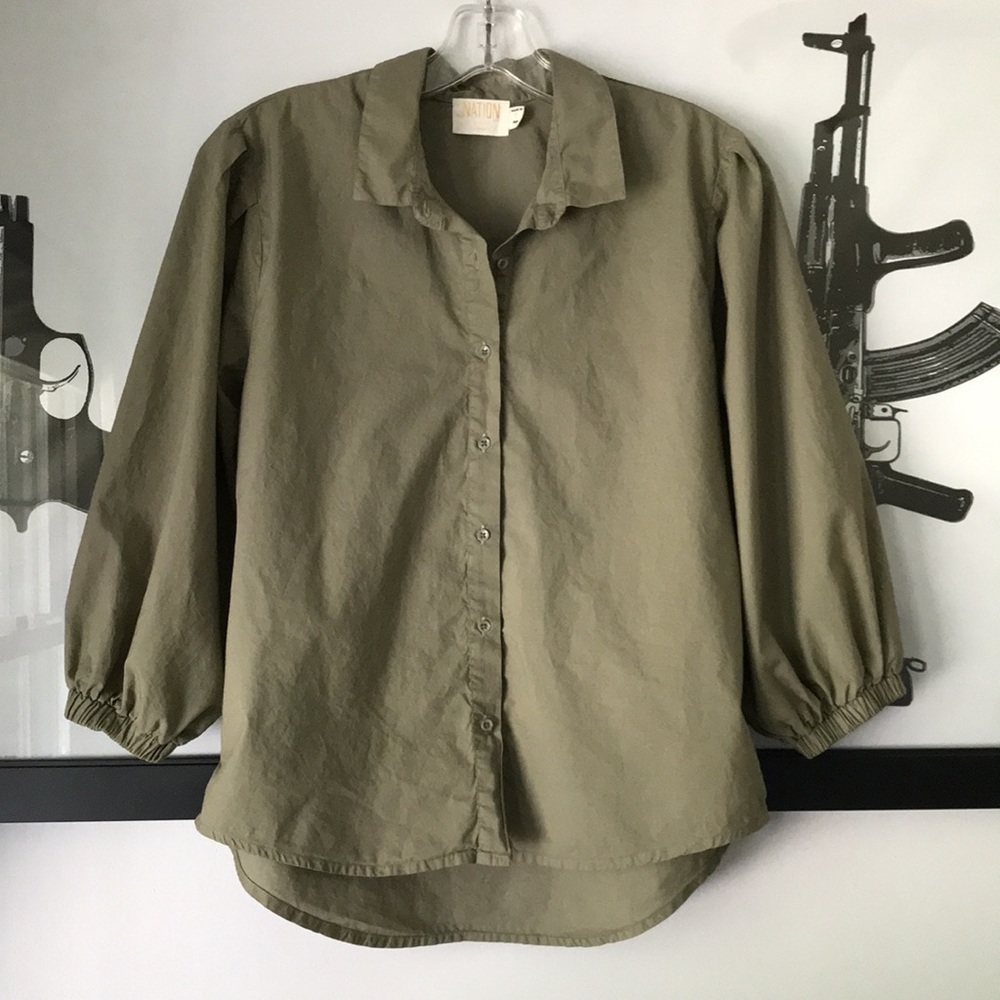 Nation LTD Pima Cotton Blouse S | Puff Sleeve Button Front Top Minimalist Chic - Picture 4 of 14